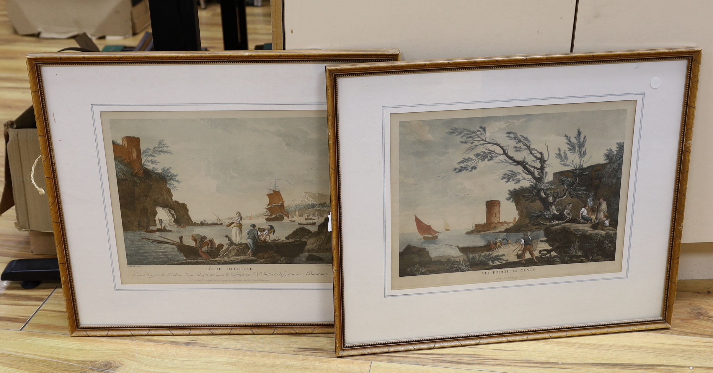 After Vernet, pair of reprinted engravings, 'Peche Heureuse' and 'Vue Proche du Genes', overall 33 x 44cm